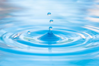 Close-up of drop falling on blue water