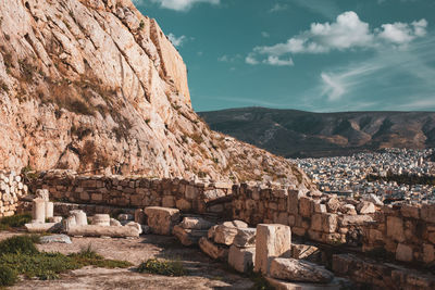 Stone wall of building in city