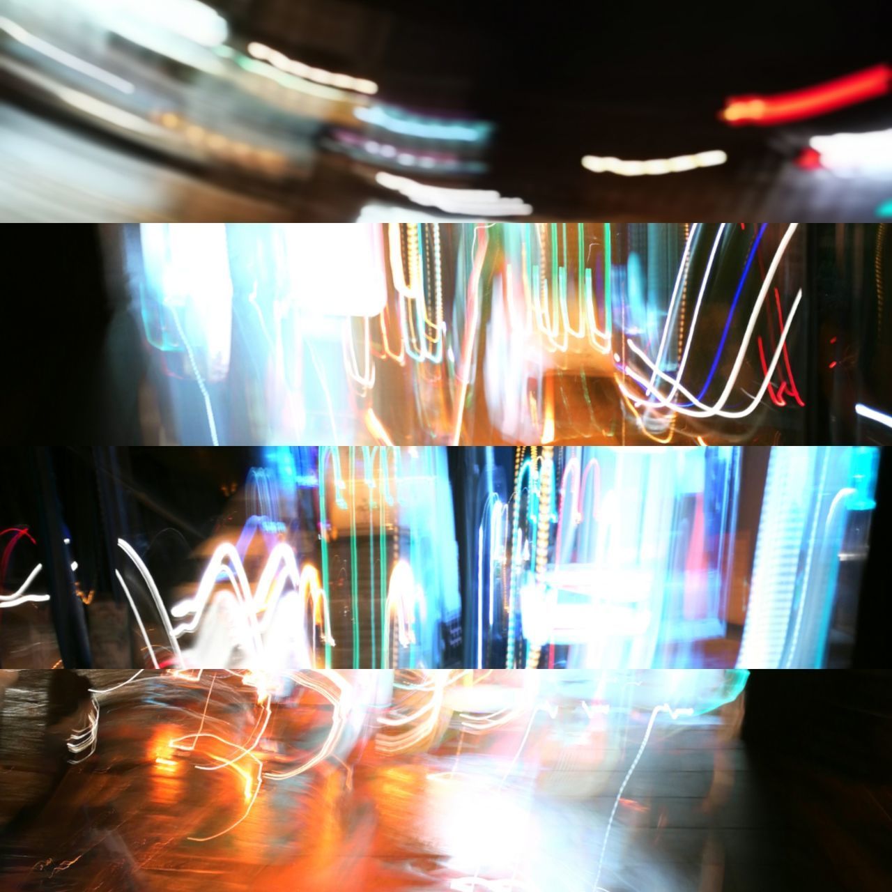 CLOSE-UP OF LIGHT TRAILS ON TABLE AT NIGHT