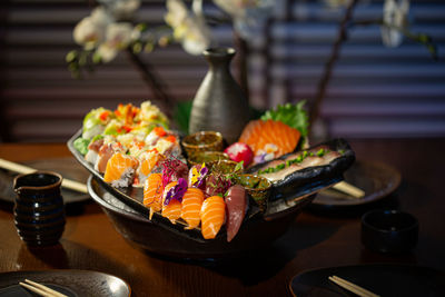 Close-up of sushi served on table