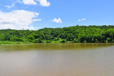 Scenic view of river against cloudy sky