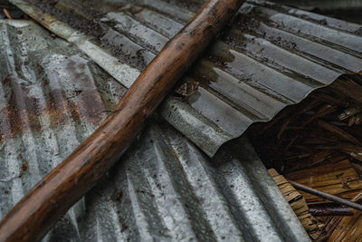 High angle view of bread on wooden table