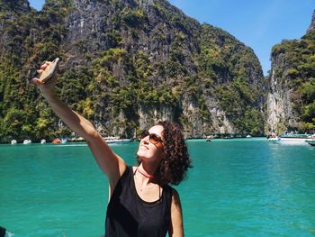 Woman makes selfie in thailand