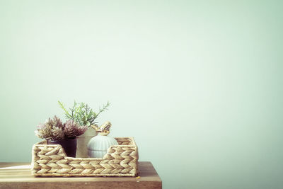 Stack of potted plant on table against wall