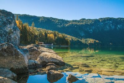 Scenic view of eibsee lake by mountain against clear sky on sunny day