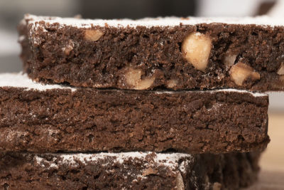 Close-up of chocolate brownie with sugar icing