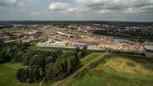 High angle view of town against sky