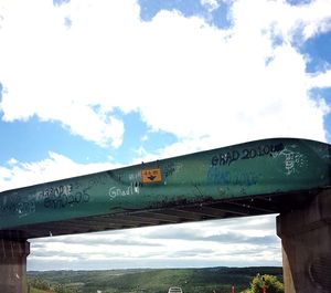 Low angle view of information sign against sky