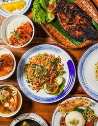 High angle view of meal served on table