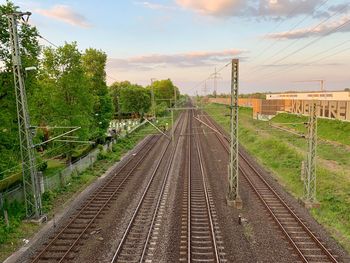 Railroad tracks amidst trees against sky