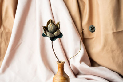 Dried flowers in wooden vase against draper. modern creative still life.