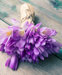 Close-up of purple flowers on table