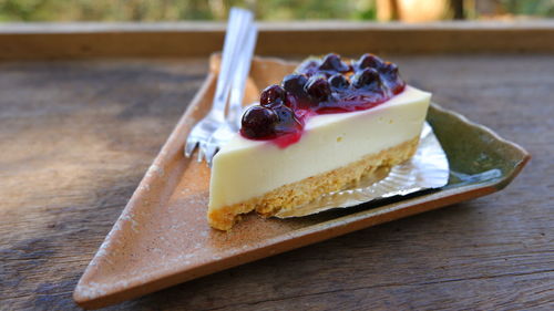 Close-up of cake in plate on table