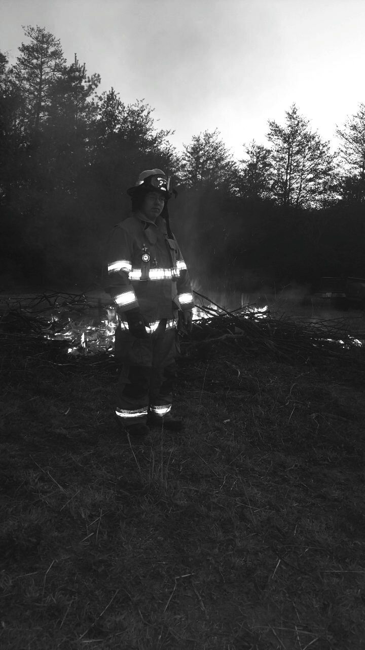 Firemansgear flames,black /white photo