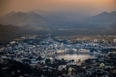 High angle view of city at waterfront