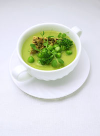 High angle view of soup in bowl on table