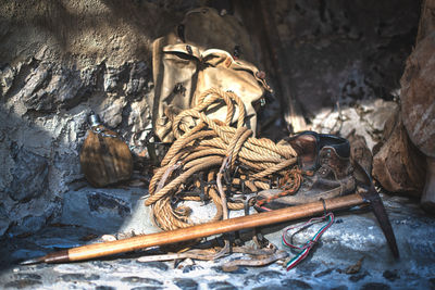 Close-up of rope tied on wall