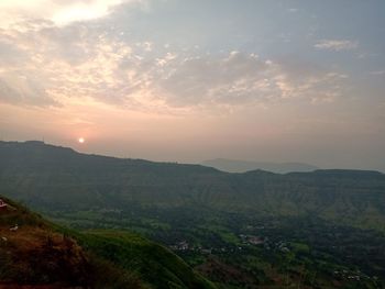 High angle view of landscape against sky during sunset