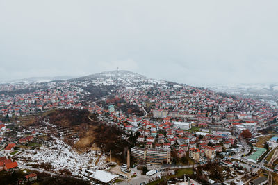 High angle view of townscape against sky during winter