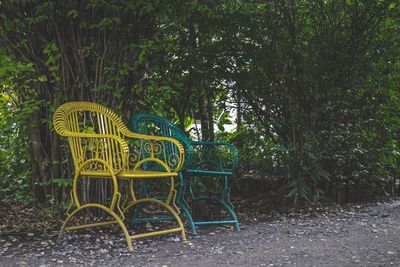 Empty chairs and table against trees in park