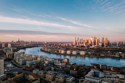 High angle view of city buildings at waterfront