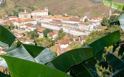 High angle view of buildings in town