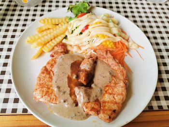 High angle view of meal served on table