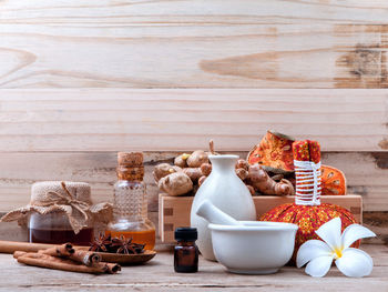 Close-up of various food on table against wall