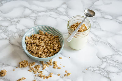 High angle view of breakfast on table