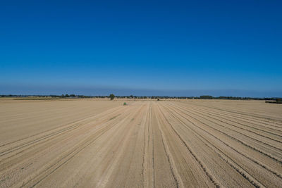 Scenic view of agricultural field against clear blue sky