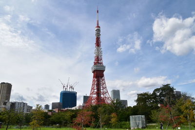 Low angle view of buildings against cloudy sky