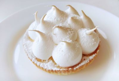 High angle view of dessert in plate on table