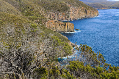 High angle view of rocks on sea shore