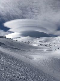 Scenic view of snow covered landscape against sky