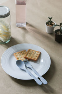 High angle view of breakfast served on table