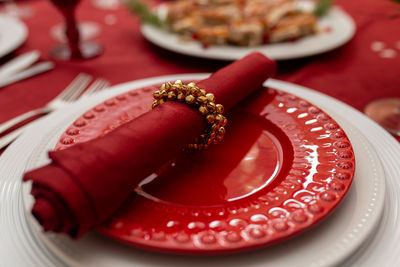 High angle view of dessert in plate on table