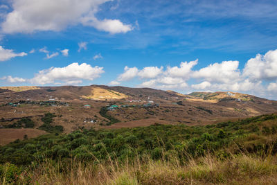 Countryside mountainous landscape with bright blue sky at morning from flat angle