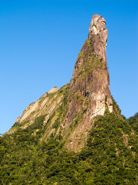 Low angle view of rocky mountain against clear blue sky