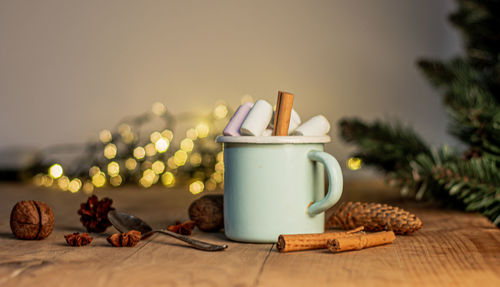 Close-up of coffee cup on table