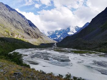 Scenic view of snowcapped mountains against sky