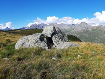 Scenic view of rock on field against sky