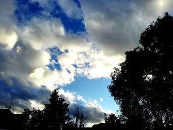 Low angle view of trees against cloudy sky