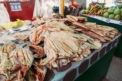 Close-up of dried fish for sale in market