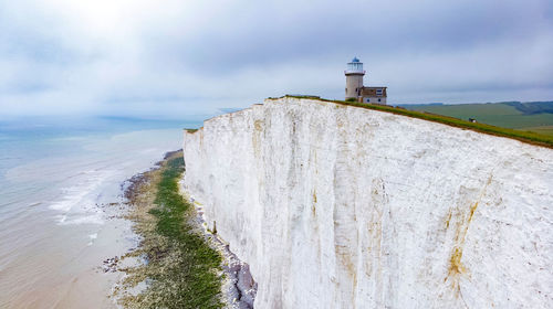 Lighthouse by sea against sky