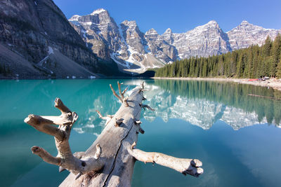 Scenic view of lake by snowcapped mountains against sky