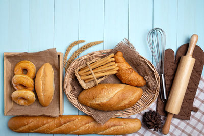 High angle view of bread in basket on table