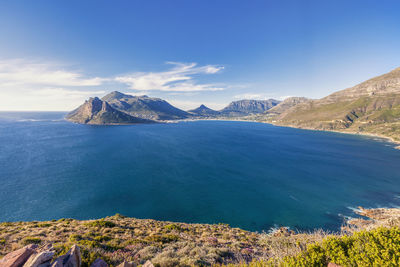 Scenic view of sea and mountains against sky