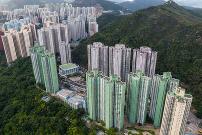 High angle view of modern buildings in city