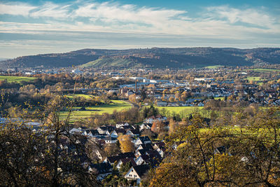 High angle view of townscape against sky