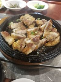 High angle view of food in plate on table